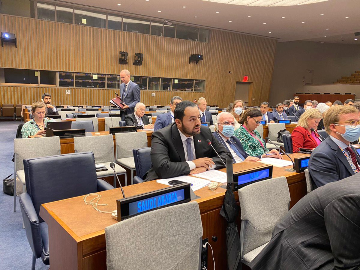 Assistant Minister of Foreign Affairs for Regional Affairs H E Dr. Mohammed bin Abdulaziz Al Khulaifi addressing the meeting.