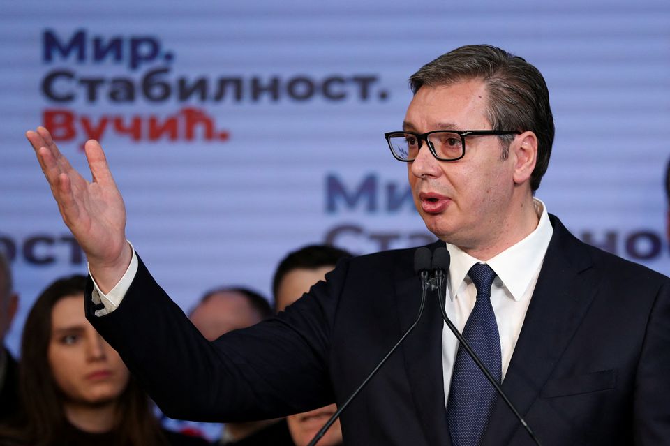 Serbian President  Aleksandar Vučić speaks after the results of the presidential election, in Belgrade, Serbia, on April 3, 2022. File Photo / Reuters
