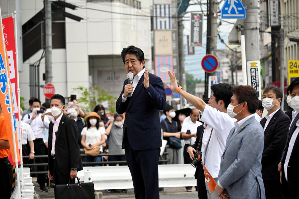 Former Japanese Prime Minister Shinzo Abe makes a speech before he was shot from behind by a man in Nara, western Japan on July 8, 2022 in this photo taken by The Asahi Shimbun.  File Photo / Reuters