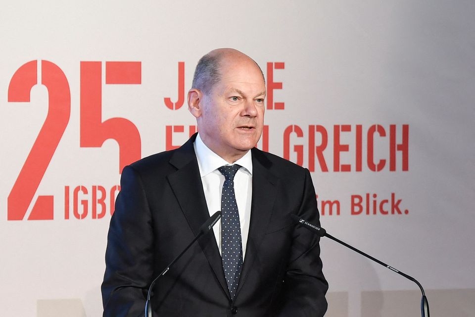German Chancellor Olaf Scholz delivers his speech as he takes part in the 25th anniversary celebration for the IGBCE mining, chemicals and energy trade union in Hanover, Germany September 23, 2022. REUTERS/Fabian Bimmer

