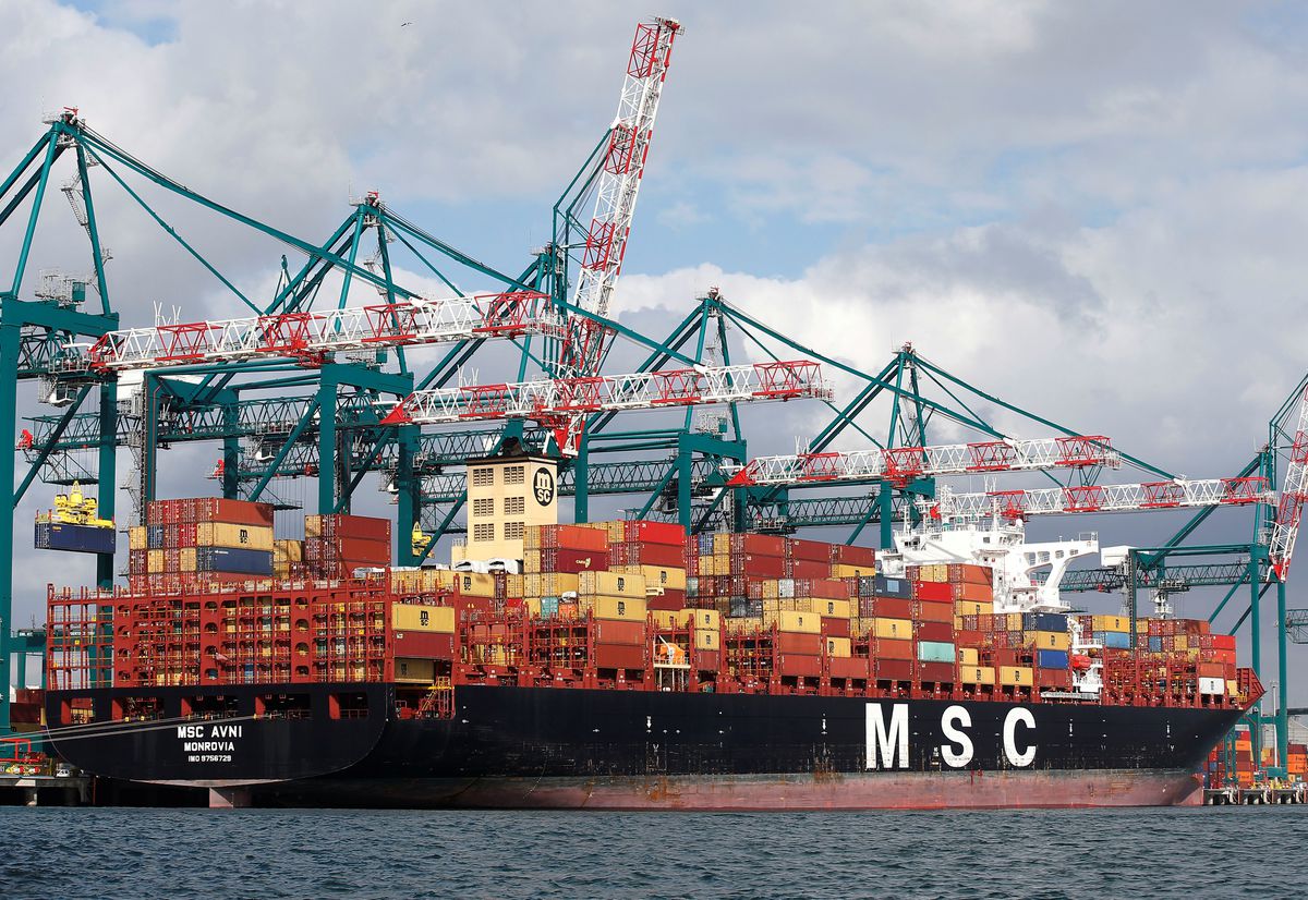 File Photo: A container ship of the Mediterranean Shipping Company is seen next to cranes at the San Antonio port in Chile, August 6, 2019. (REUTERS/Rodrigo Garrido)