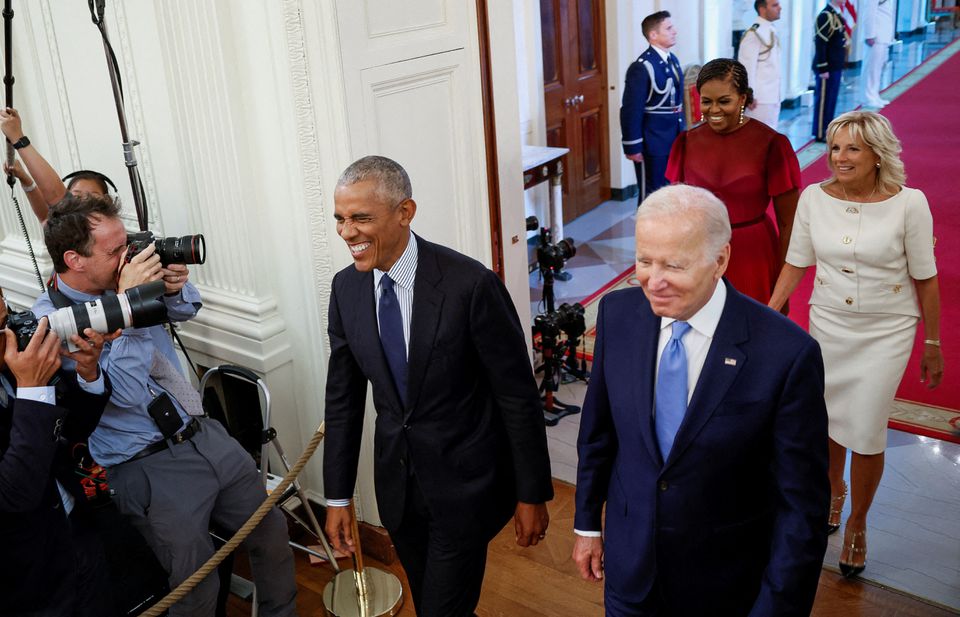 US President Joe Biden and Jill Biden host former US President Barack Obama and Michelle Obama for the unveiling of their official White House portraits in the East Room of the White House, in Washington, US, on September, 7, 2022.  File Photo / Reuters
