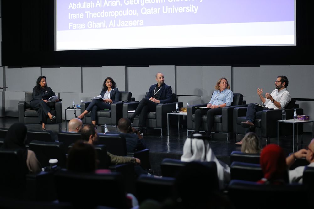 Participants  during a panel discussion at the sports journalism conference at Northwestern Qatar.