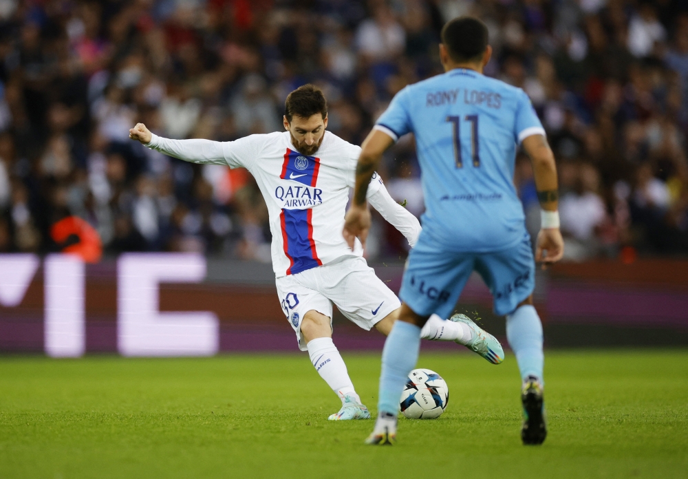 Paris St Germain's Lionel Messi scores their second goal during the Ligue 1 match against Troyes at the Parc des Princes, Paris, France, on October 29, 2022.  REUTERS/Sarah Meyssonnier