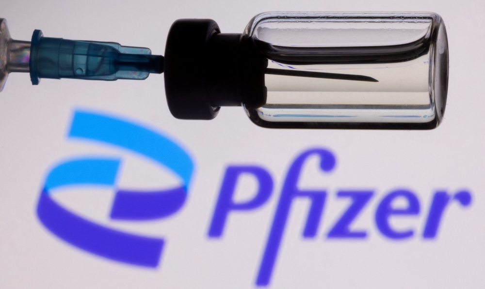 A vial and a syringe are seen in front of a displayed Pfizer logo in this illustration taken November 27, 2021. (REUTERS/Dado Ruvic)
