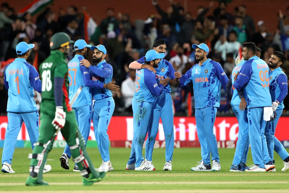 Team India celebrate their win during the ICC men's Twenty20 World Cup 2022 cricket match between India and Bangladesh on November 2, 2022 in Adelaide. Photo by Surjeet Yadav/ AFP