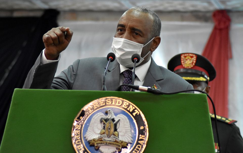 Sudan's Sovereign Council Chief General Abdel Fattah al-Burhan addresses delegates after signing a declaration of principles between Sudanese Transitional government and the Sudan People's Liberation Movement - North, in Juba, South Sudan, on March 28, 2021. File Photo / Reuters