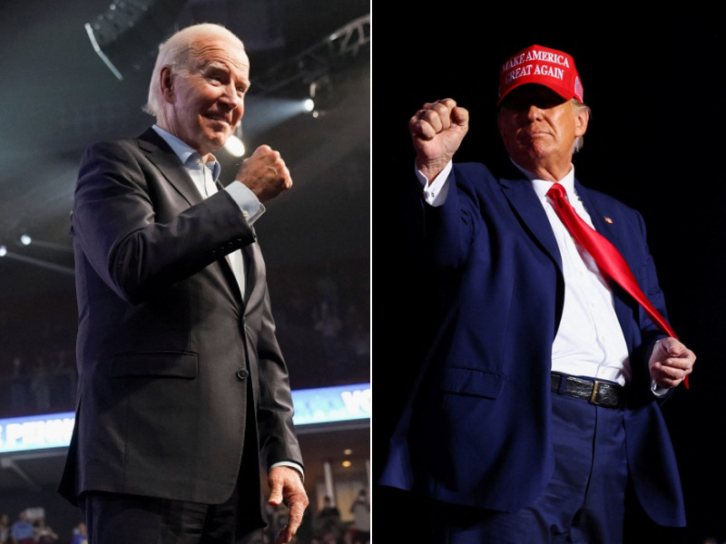 (Left) US President Joe Biden attends a campaign for Democratic US senatorial candidate John Fetterman and Democratic nominee for Pennsylvania governor Josh Shapiro in Philadelphia, Pennsylvania, US, November 5, 2022. (REUTERS/Kevin Lamarque) / Former US President Donald Trump attends a pre-election rally to support Republican candidates in Latrobe, Pennsylvania, US, November 5, 2022. (REUTERS/Mike Segar)