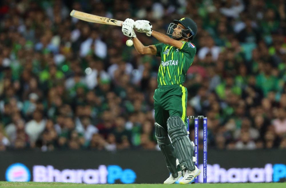 Pakistan's Mohammad Haris plays a shot during the ICC men's Twenty20 World Cup 2022 semi-final cricket match between New Zealand and Pakistan at the Sydney Cricket Ground in Sydney on November 9, 2022. Photo by David Gray / AFP
