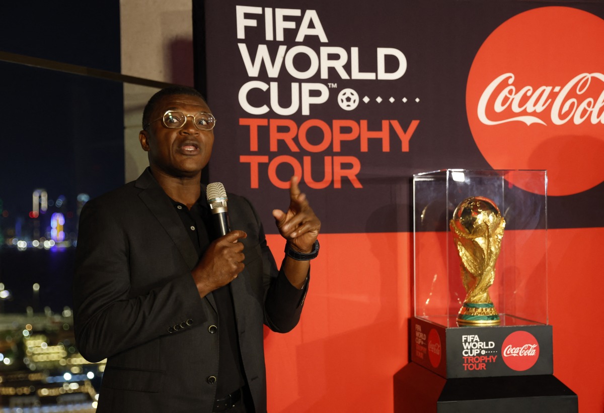 Marcel Desailly alongside the World Cup trophy during the Trophy Tour in Doha on Sunday. Reuters