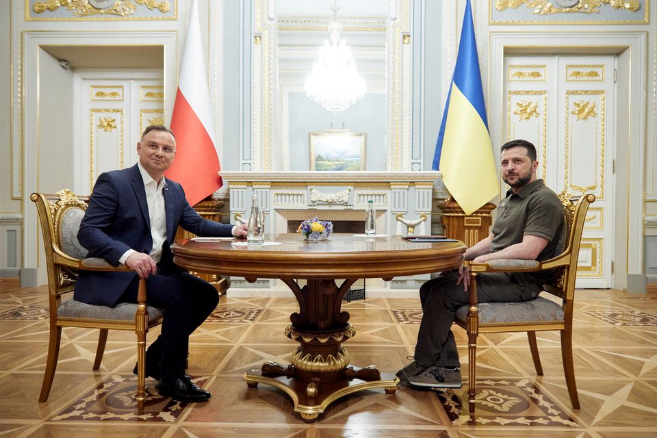 Ukraine's President Volodymyr Zelenskyy and Poland's President Andrzej Duda attend a meeting after a parliament session, as Russia's attack on Ukraine continues, in Kiev, Ukraine, on May 22, 2022. File Photo / Reuters
