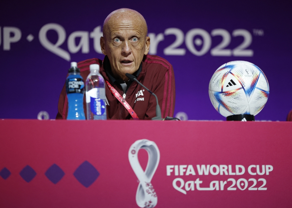 Chairman of the FIFA referees committee, Pierluigi Collina during the FIFA World Cup Qatar 2022 referees media briefing at the Main Media Center, Doha, on November 18, 2022. 
REUTERS/John Sibley