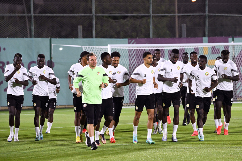 Senegal’s players take part in a training session at Al Duhail Sports Club.