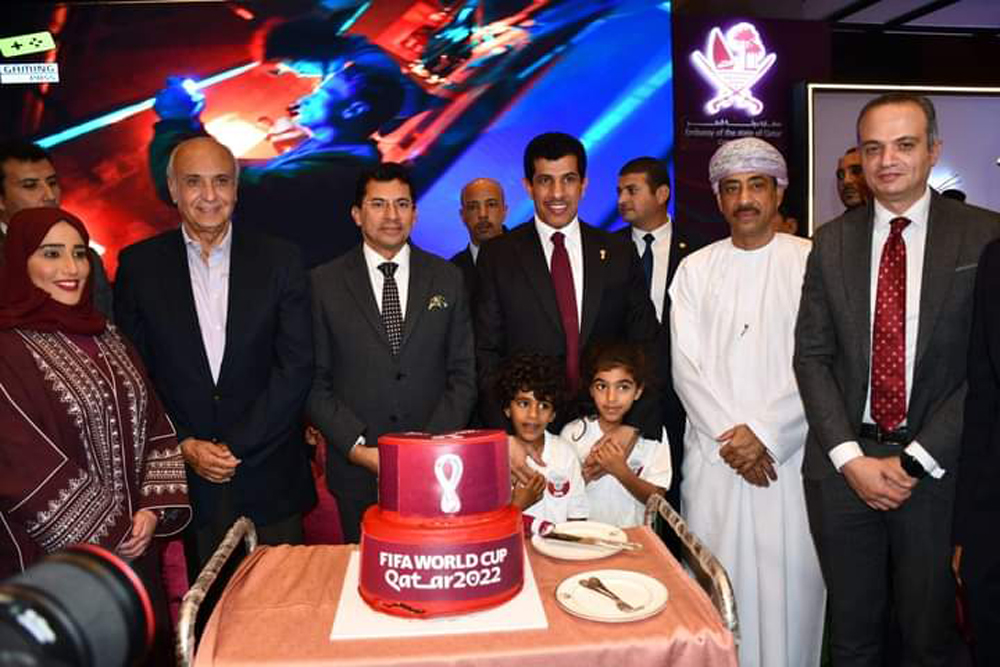 Ambassador of Qatar to Egypt H E Salem Mubarak Al Shafi and other dignitaries celebrating the World Cup kick-off as the Embassy established a special area for Qatar 2022 fans.