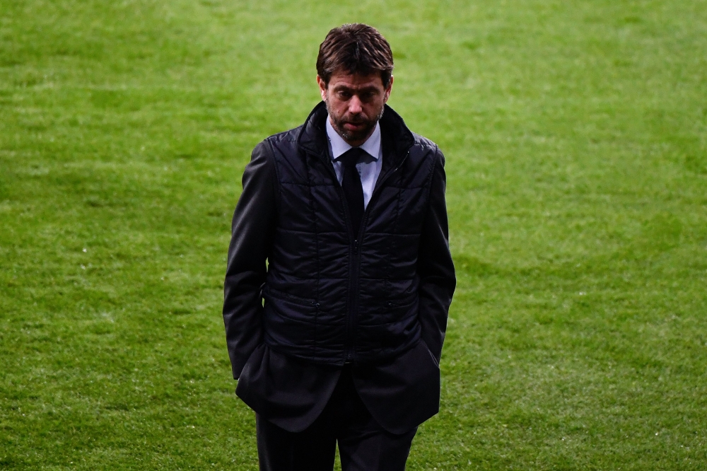 In this file photo taken on February 19, 2019 Juventus' Italian president Andrea Agnelli stands on the pitch during a walk-around at the Wanda Metropolitan stadium in Madrid ahead of the UEFA Champions League round of 16 first leg football match between Atletico Madrid and Juventus. (Photo by GABRIEL BOUYS / AFP)