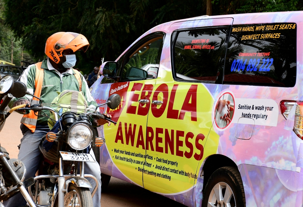 An anti-Ebola advocacy van drives along Kyadondo road amid the Ebola outbreak and alert in Kampala, Uganda, October 27, 2022. (REUTERS/Abubaker Lubowa)
