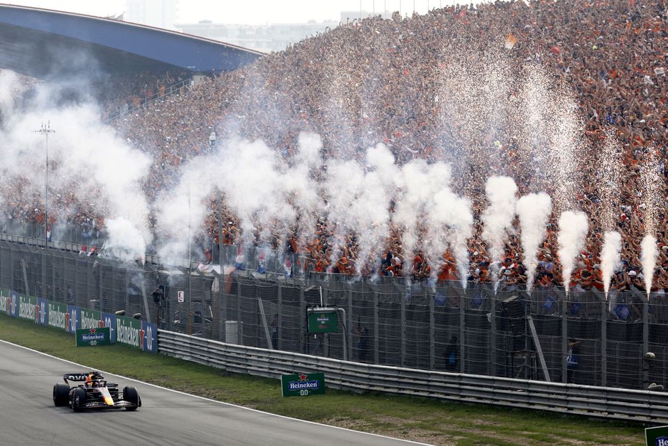 September 4, 2022 Red Bull's Max Verstappen after crossing the line to win the Dutch Grand Prix REUTERS/Yves Herman
