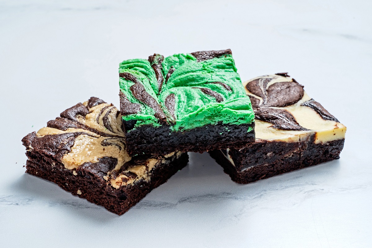 From left, tahini, white chocolate-peppermint and cheesecake swirl brownies. Photo by Scott Suchman for The Washington Post.
