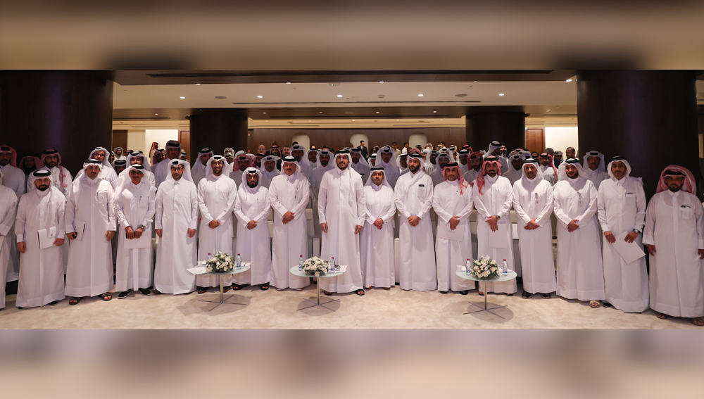 Minister of Commerce and Industry H E Sheikh Mohammed bin Hamad bin Qassim Al Thani with other officials during a ceremony to honour the committees and working groups for participating in hosting the FIFA World Cup Qatar 2022.