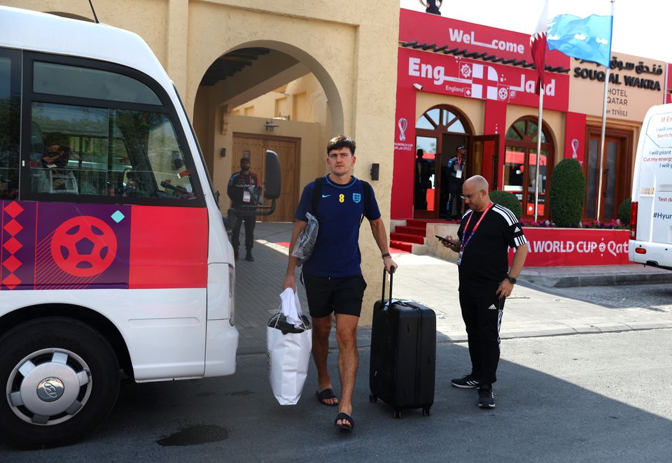 Harry Maguire leaves the hotel as England's team depart from Qatar after losing their FIFA World Cup Qatar 2022 quarter final match against France in Al Wakrah, Qatar, on December 11, 2022.  File Photo / Reuters
