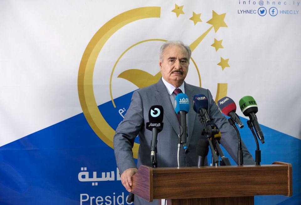 Libya's eastern commander Khalifa Haftar speaks to the media after submitting his candidacy papers for the presidential elections at the office of the High National Elections Commission, in Benghazi, Libya, on November 16, 2021. File Photo / Reuters