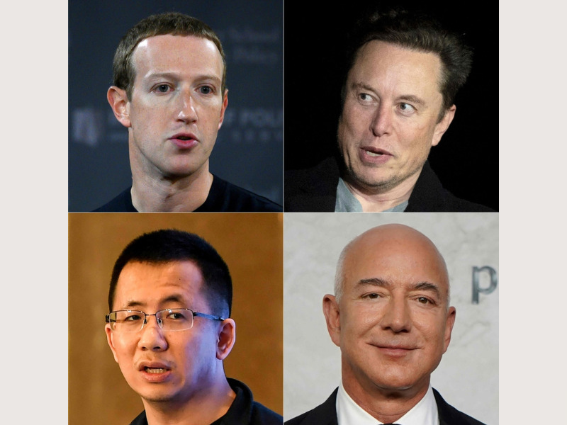 This combination of file pictures created on December 28, 2022 shows (L-R, top to bottom, Facebook founder Mark Zuckerberg; Twitter and SpaceX CEO Elon Musk; CEO of Bytedance Zhang Yiming; and Amazon Founder Jeff Bezos. (AFP)
