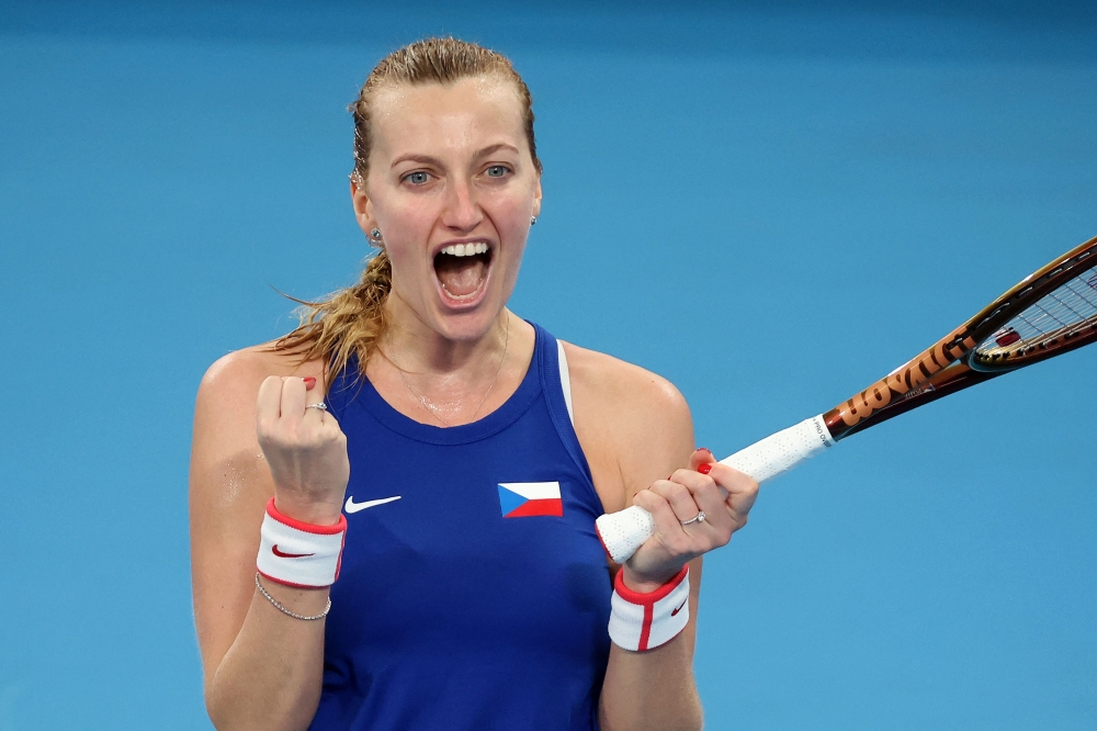Czech Republic's Petra Kvitova celebrates after victory against Jessica Pegula of the US during their women singles match of the United Cup tennis tournament in Sydney on December 30, 2022. (Photo by DAVID GRAY / AFP) 