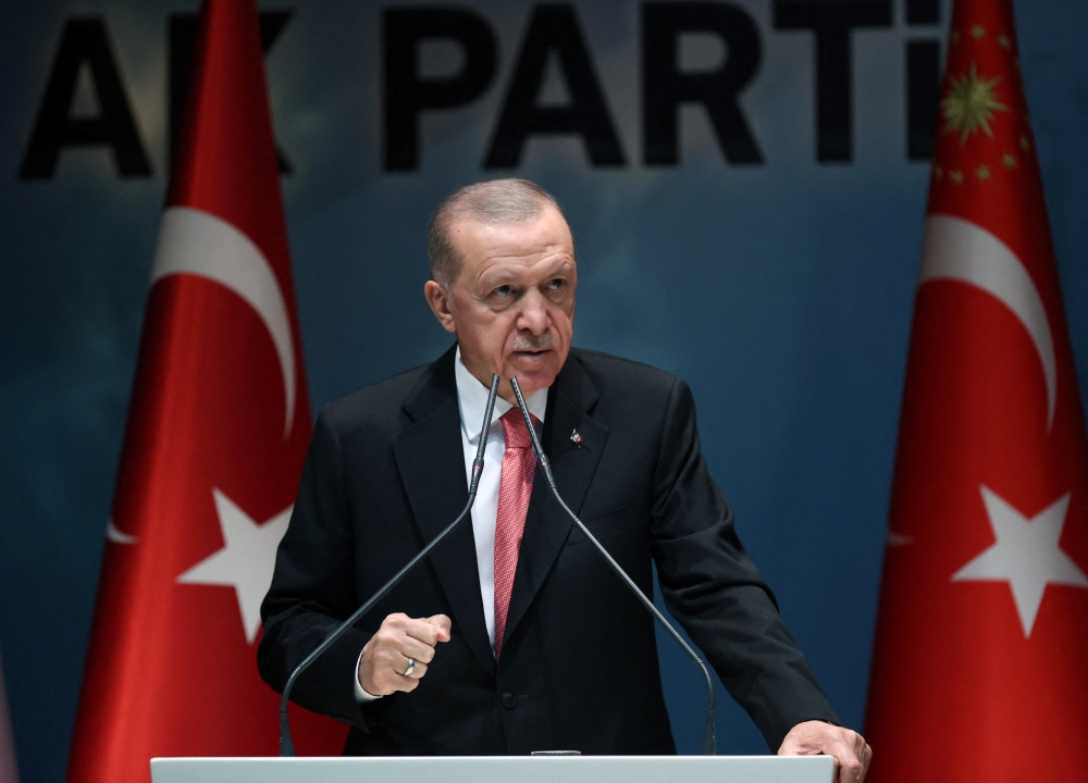 Turkish President Tayyip Erdogan speaks during a meeting of his ruling AK Party in Ankara, Turkey, on January 5, 2023. Presidential Press Office/Handout via REUTERS