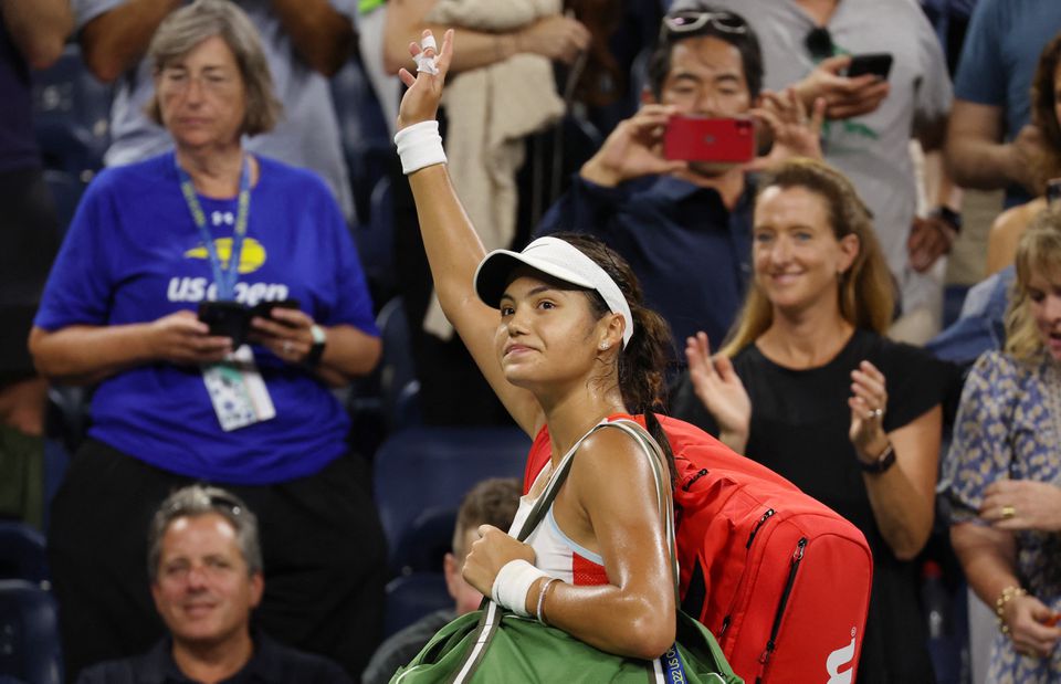 Britain's Emma Raducanu acknowledges the crowd after losing her first round match against France's Alize Cornet at the US Open in Flushing Meadows, New York, on August 30, 2022. 
File Photo / Reuters
