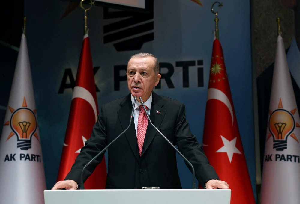 Turkish President Tayyip Erdogan speaks during a meeting of his ruling AK Party in Ankara, Turkey on January 5, 2023. Presidential Press Office/Handout via REUTERS