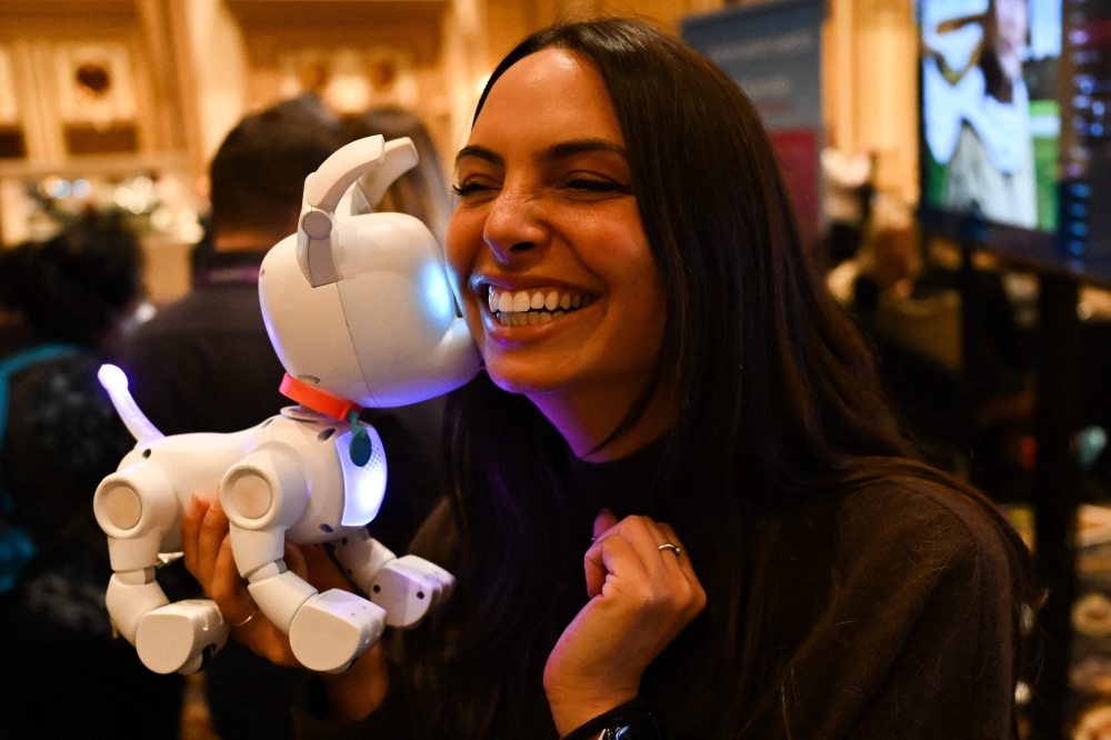 An attendee plays with the WowWee Dog-E, a robotic dog unique to every user, at ShowStoppers during the Consumer Electronics Show (CES) in Las Vegas, Nevada, on January 5, 2023. (Photo by Patrick T. Fallon / AFP)