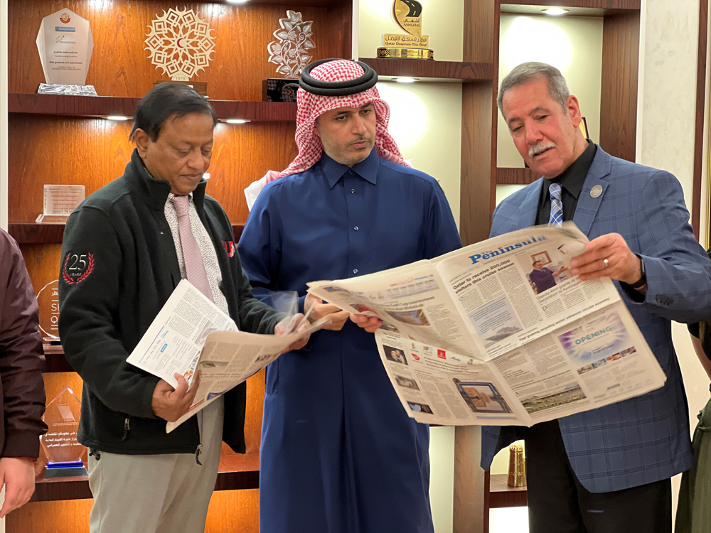 Editor-in-Chief of The Peninsula, Dr. Khalid Al-Shafi (centre) with Professor of Media Studies and Communication Technologies at Bridgewater State University, Dr. Jabbar Al Obaidi (right) and the Academic Director of Global Programs.