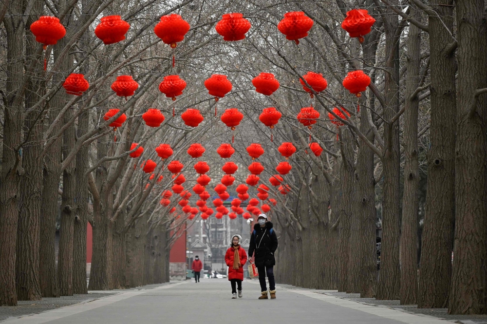 A woman and a child walk along a road with red lanterns hanging on trees for the upcoming Chinese Lunar New Year celebrations at a park in Beijing on January 11, 2023. (Photo by Wang Zhao / AFP)
