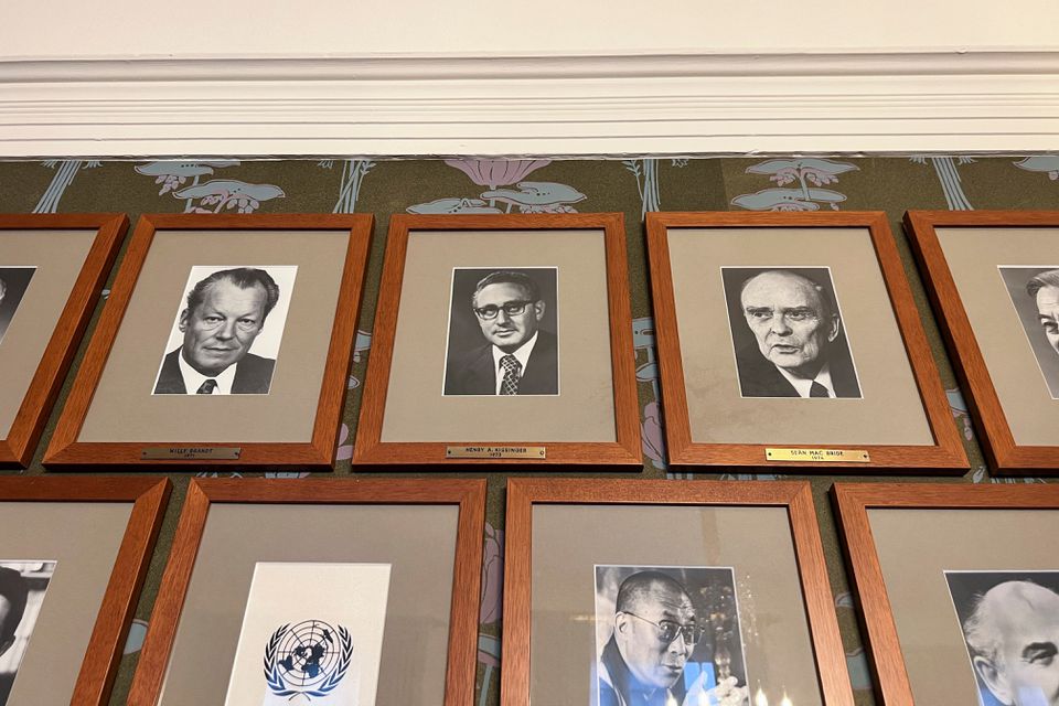Portraits of Nobel Peace Prize laureates, including of Henry Kissinger, are seen in the meeting room where the Norwegian Nobel Committee holds its meetings at the Norwegian Nobel Institute in Oslo, Norway, on January 3, 2023. REUTERS/Gwladys Fouche
