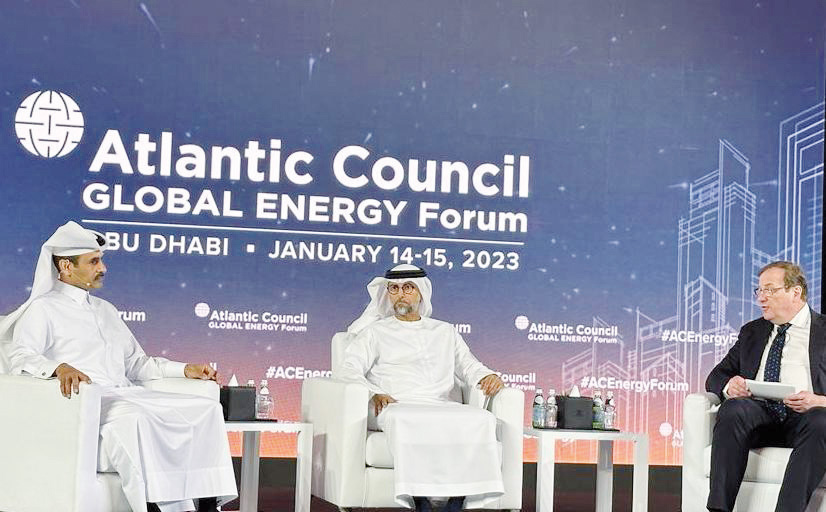 Minister of State for Energy Affairs and the President and CEO of QatarEnergy H E Saad Sherida Al Kaabi with H E Suhail Al-Mazrouei, the Minister of Energy and Infrastructure of the United Arab Emirates at the Global Energy Forum, Abu Dhabi.

