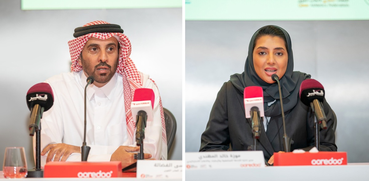 Qatar Athletics Federation President Mohammed Issa Al Fadala (left) and  Director CSR, Sponsorship and Media at Ooredoo, Moza Khalid Al Muhannadi at the press meet. 