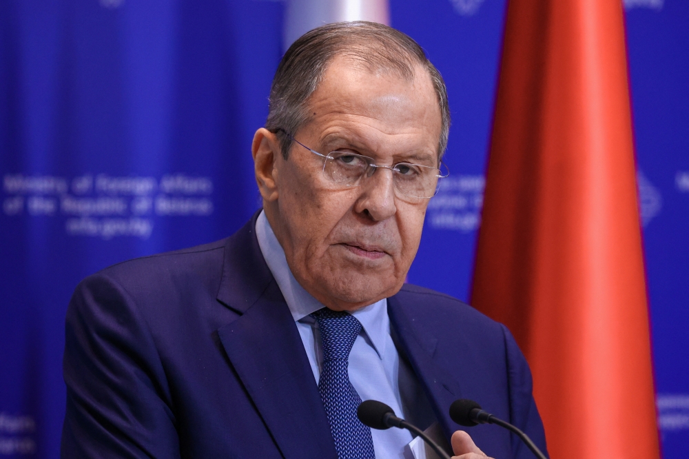 Russian Foreign Minister Sergei Lavrov attends a news conference following talks with Belarusian Foreign Minister Sergei Aleinik in Minsk, Belarus, January 19, 2023. (Russian Foreign Ministry/Handout via REUTERS)