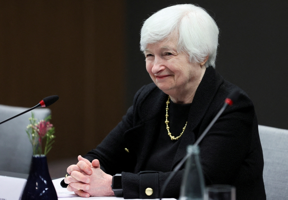 US Treasury Secretary Janet Yellen reacts during a meeting with Chinese Vice Premier Liu He in Zurich, Switzerland, on January, 18, 2023. REUTERS/Denis Balibouse/File Photo