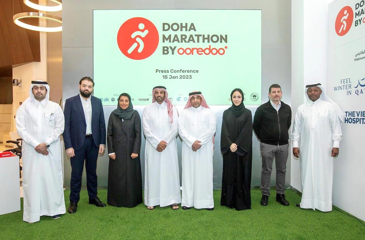 Rashid Al Buainain QIC Group Acting Chief Administrative Officer (fourth from right) at the Ooredoo press conference.