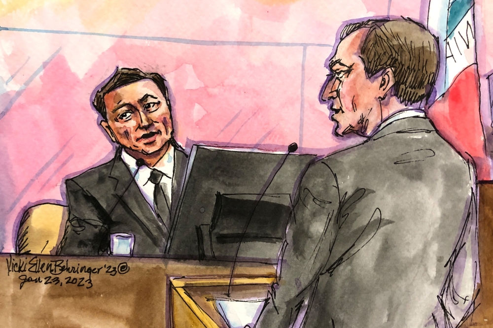 Tesla CEO Elon Musk is questioned by the investors' attorney Nicholas Porritt during a securities-fraud trial at federal court in San Francisco, California, US, January 23, 2023 in this courtroom sketch. (REUTERS/Vicki Behringer)