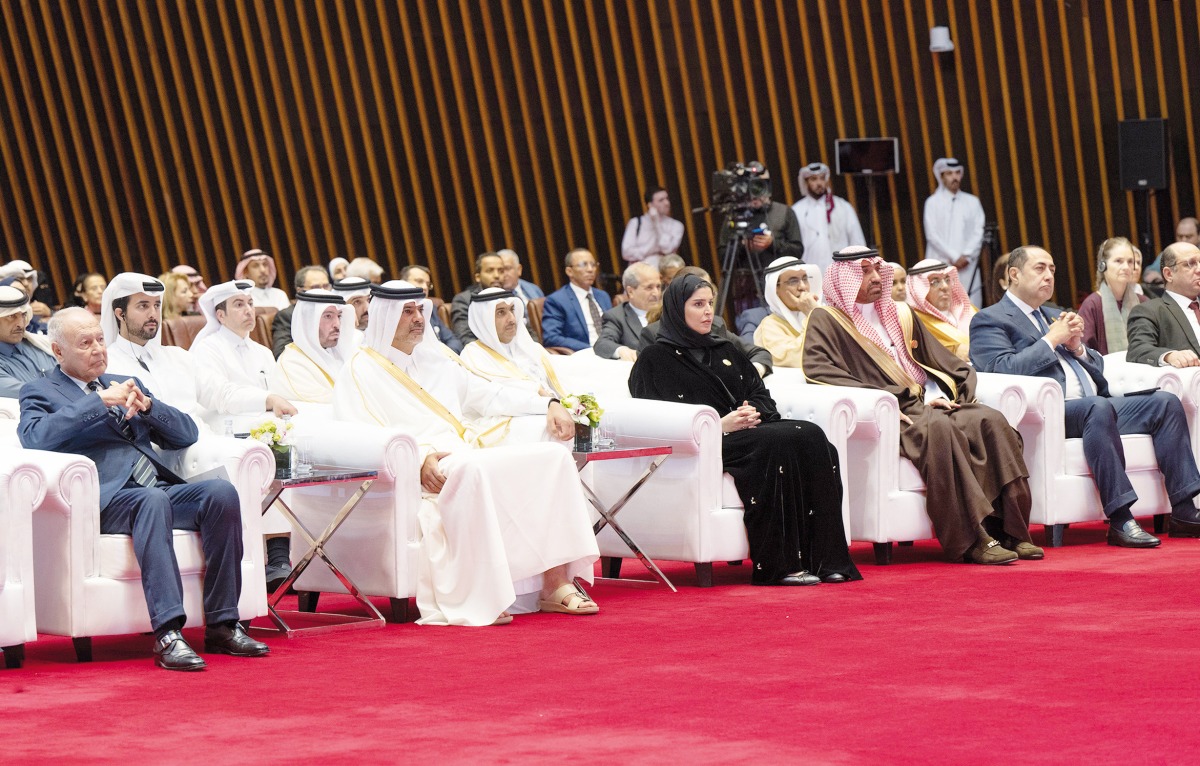 Prime Minister and Minister of Interior H E Sheikh Khalid bin Khalifa bin Abdulaziz Al Thani; Minister of Social Development and Family H E Maryam bint Ali bin Nasser Al Misnad; Secretary-General of the Arab League H E Ahmed Aboul Gheit; and other dignitaries at the opening session. 