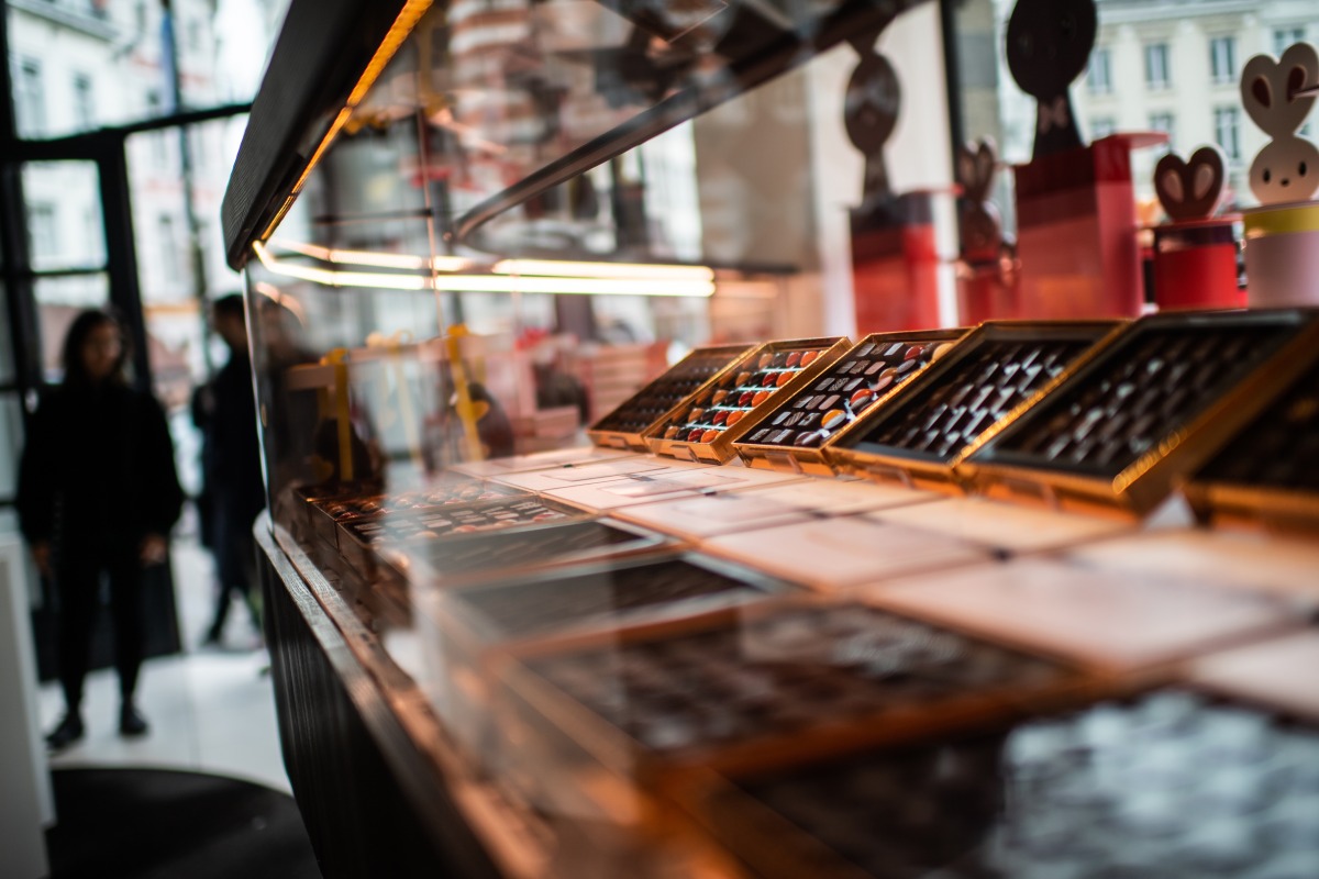 A variety of chocolates on display inside Pierre Marcolini, a luxury chocolate shop in Brussels, in 2019. Washington Post photo by Salwan Georges
