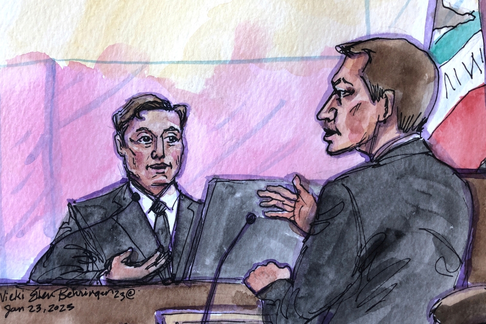 FILE PHOTO: Tesla CEO Elon Musk is questioned by his attorney Alex Spiro during a securities-fraud trial at federal court in San Francisco, California, U.S., January 23, 2023 in this courtroom sketch. REUTERS/Vicki Behringer