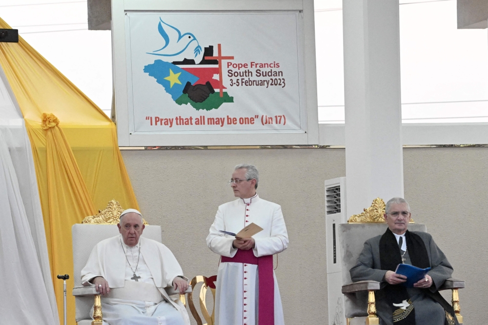 Pope Francis looks on during the Ecumenical prayer at the John Garang Mausoleum in Juba, South Sudan, on February 4, 2023. (Photo by Tiziana FABI / AFP)