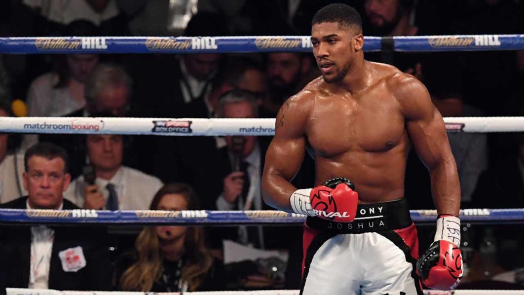 England’s Anthony Joshua celebrates beating USA’s Eric Molina during the IBF World Heavyweight Championship boxing match in Manchester, north-west England on December 10, 2016. File photo / AFP

