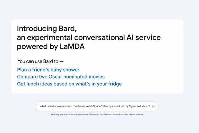 Google’s ChatGPT rival is called Bard and will be available to the public in the coming weeks. Image: Google
