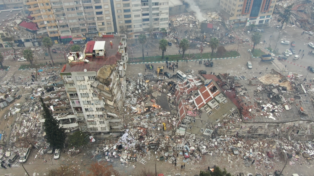 (A general view shows damaged and collapsed buildings after an earthquake in Kahramanmaras, Turkey, February 6, 2023. (Ihlas News Agency (IHA) via Reuters)