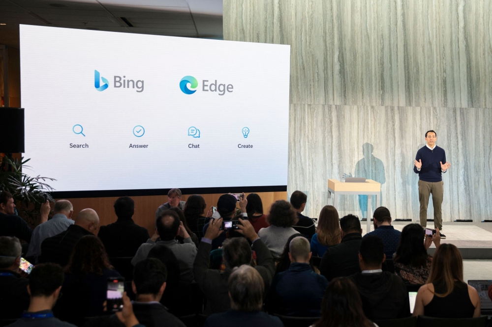 Yusuf Mehdi, Microsoft Corporate Vice President of Modern Life, Search, and Devices, speaks during a keynote address announcing ChatGPT integration for Bing at Microsoft in Redmond, Washington, on February 7, 2023.  (Photo by Jason Redmond / AFP)