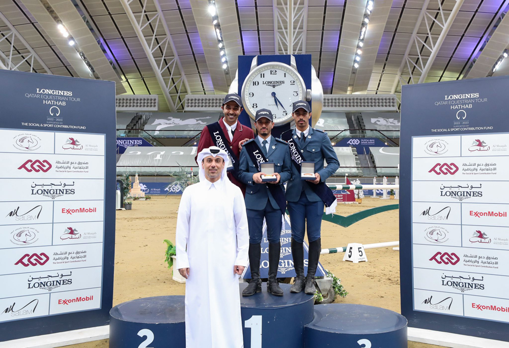 Longines Hathab Tour Organising Committee Vice-Chairman Omar Al Mannai poses with the podium winners of the Big Tour.