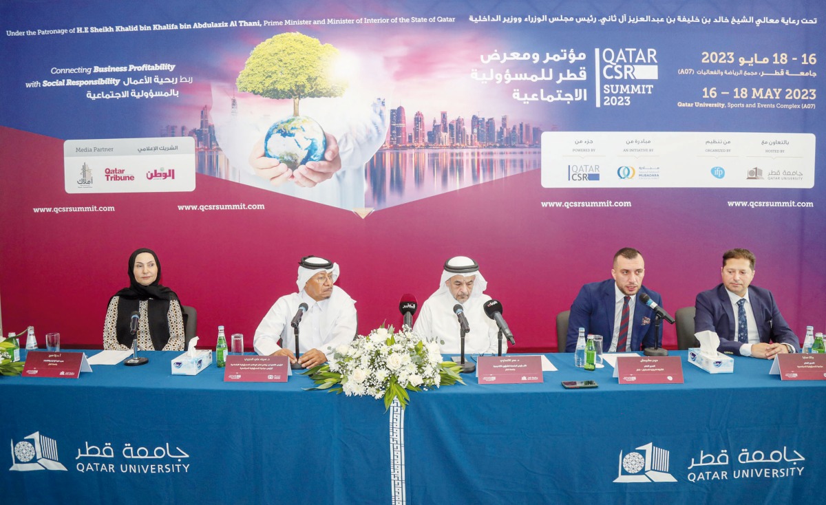 Dr. Omar Al Ansari (centre), Qatar University Vice President for Academic Affairs; Dr. Saif Ali Al Hajri (second left), CEO of Qatar CSR National Program and President of Mubadara for Social Impact; Prof. Rana Sobh (first left), Dean of the College of Business and Economics at Qatar University, and Haidar Mshaimesh (second right), General Manager of IFP Qatar, during the press conference.